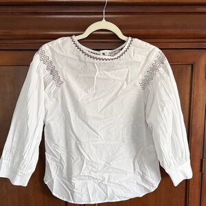 Madewell White Peasant Blouse with Mauve Embroidery
